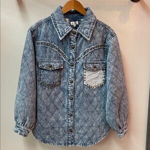 POL Quilted Blue Denim Chore Jacket with Stud Details
